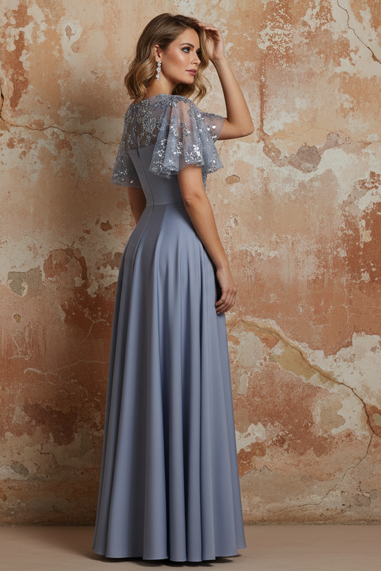 V-Neck Acetate Satin Mother of the Bride Dresses Sequins Floor-Length Short Sleeves Ruched