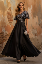 V-Neck Acetate Satin Mother of the Bride Dresses Sequins Floor-Length Short Sleeves Ruched