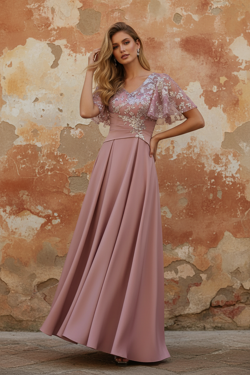 V-Neck Acetate Satin Mother of the Bride Dresses Sequins Floor-Length Short Sleeves Ruched