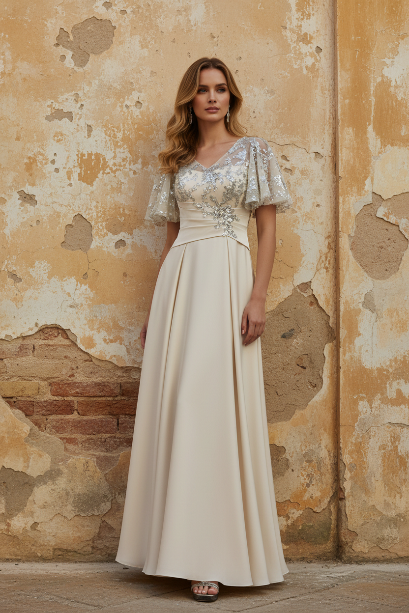 V-Neck Acetate Satin Mother of the Bride Dresses Sequins Floor-Length Short Sleeves Ruched