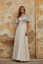 V-Neck Acetate Satin Mother of the Bride Dresses Sequins Floor-Length Short Sleeves Ruched
