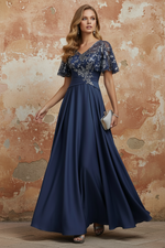 V-Neck Acetate Satin Mother of the Bride Dresses Sequins Floor-Length Short Sleeves Ruched