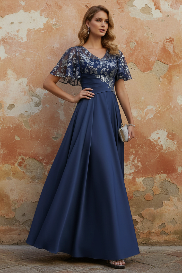 V-Neck Acetate Satin Mother of the Bride Dresses Sequins Floor-Length Short Sleeves Ruched