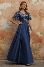 V-Neck Acetate Satin Mother of the Bride Dresses Sequins Floor-Length Short Sleeves Ruched