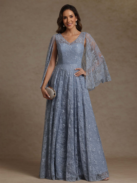 V-Neck Chiffon Mother of the Bride Dresses Lace Floor-Length Cape Sleeves Floral