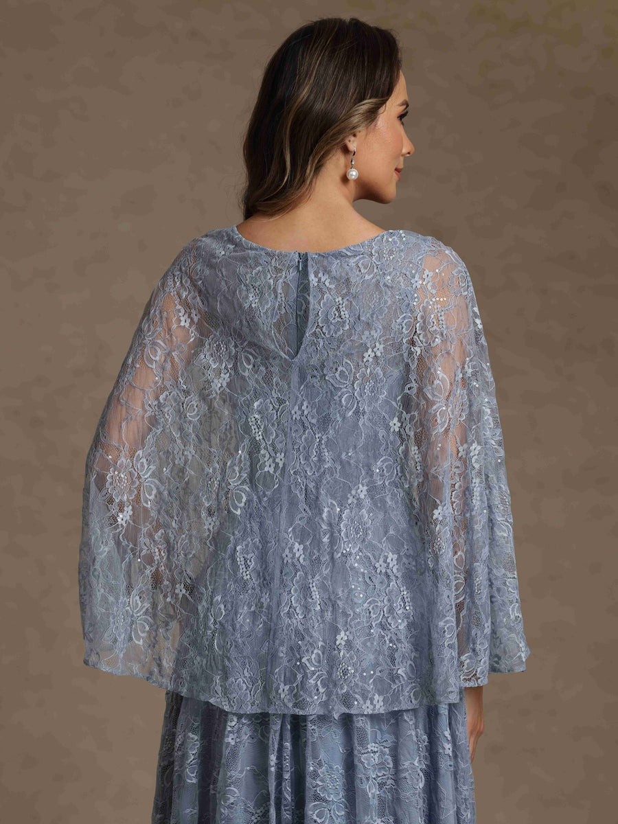 V-Neck Chiffon Mother of the Bride Dresses Lace Floor-Length Cape Sleeves Floral