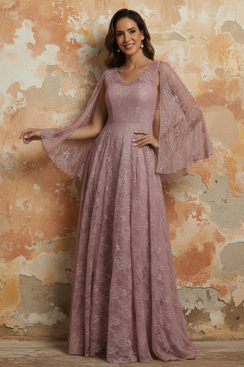 V-Neck Chiffon Mother of the Bride Dresses Lace Floor-Length Cape Sleeves Floral