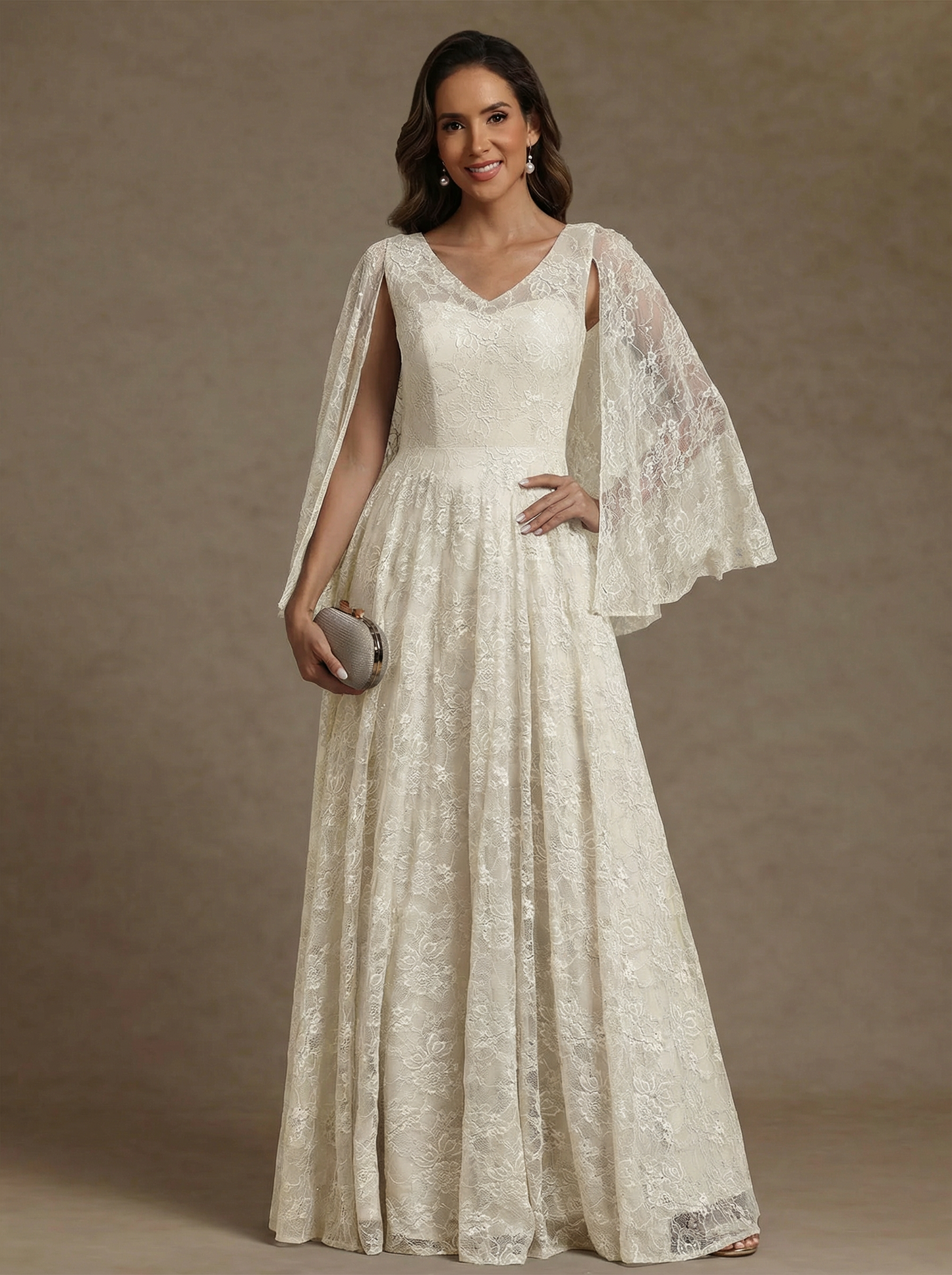 V-Neck Chiffon Mother of the Bride Dresses Lace Floor-Length Cape Sleeves Floral