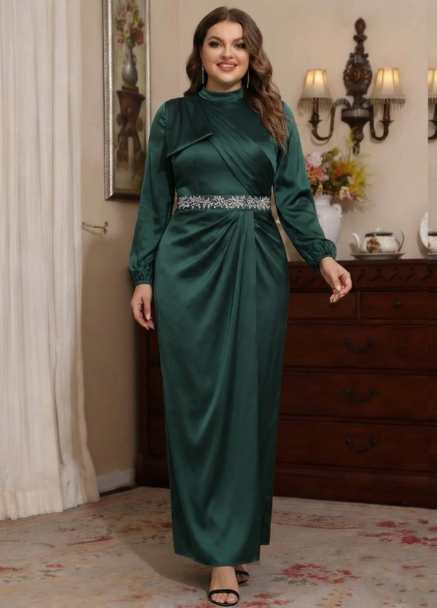 High Neck Silk Satin Plus Size Mother of the Bride Dresses Ankle-Length Belt Long Sleeves