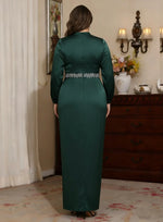 High Neck Silk Satin Plus Size Mother of the Bride Dresses Ankle-Length Belt Long Sleeves
