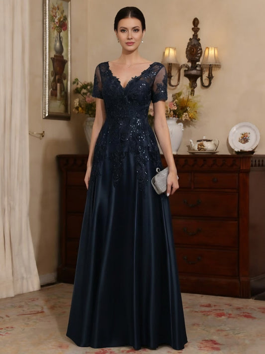V-Neck Satin Mother of the Bride Dresses Short Sleeves Floor-Length Lace Sequins