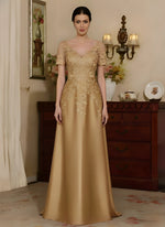 V-Neck Satin Mother of the Bride Dresses Short Sleeves Floor-Length Lace Sequins