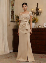 Off-the-Shoulder Satin Mother of the Bride Dresses with Split Side Sleeveless Floor-Length Ruched