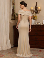 Off-the-Shoulder Satin Mother of the Bride Dresses with Split Side Sleeveless Floor-Length Ruched