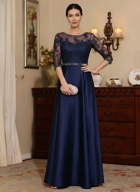 Scoop Satin Mother of the Bride Dresses 3/4 Sleeves Floor-Length Lace Beading Belt