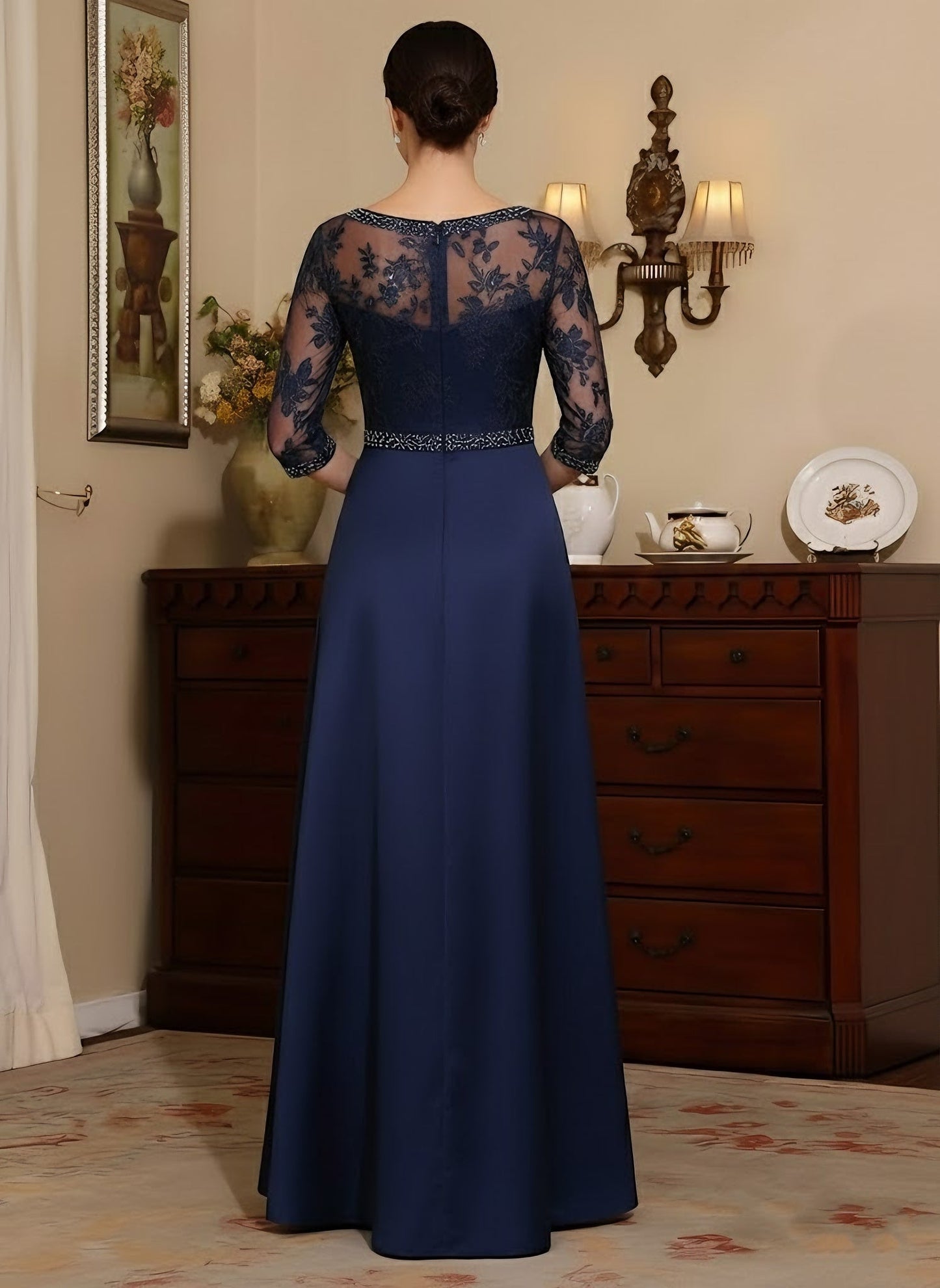 Scoop Satin Mother of the Bride Dresses 3/4 Sleeves Floor-Length Lace Beading Belt