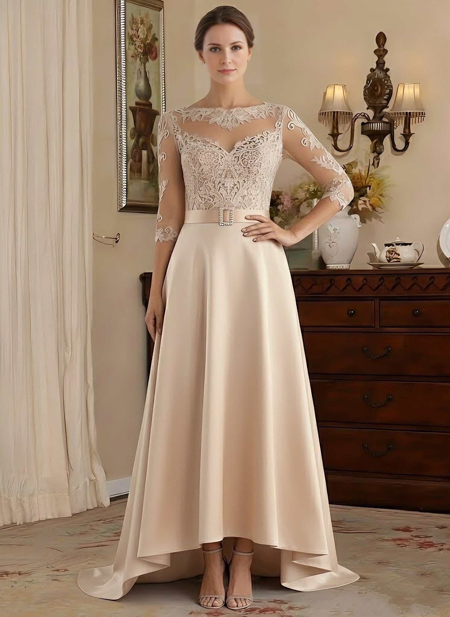 Scoop Satin Mother of the Bride Dresses 3/4 Sleeves Asymmetrical Floor-Length Illusion Lace Belt