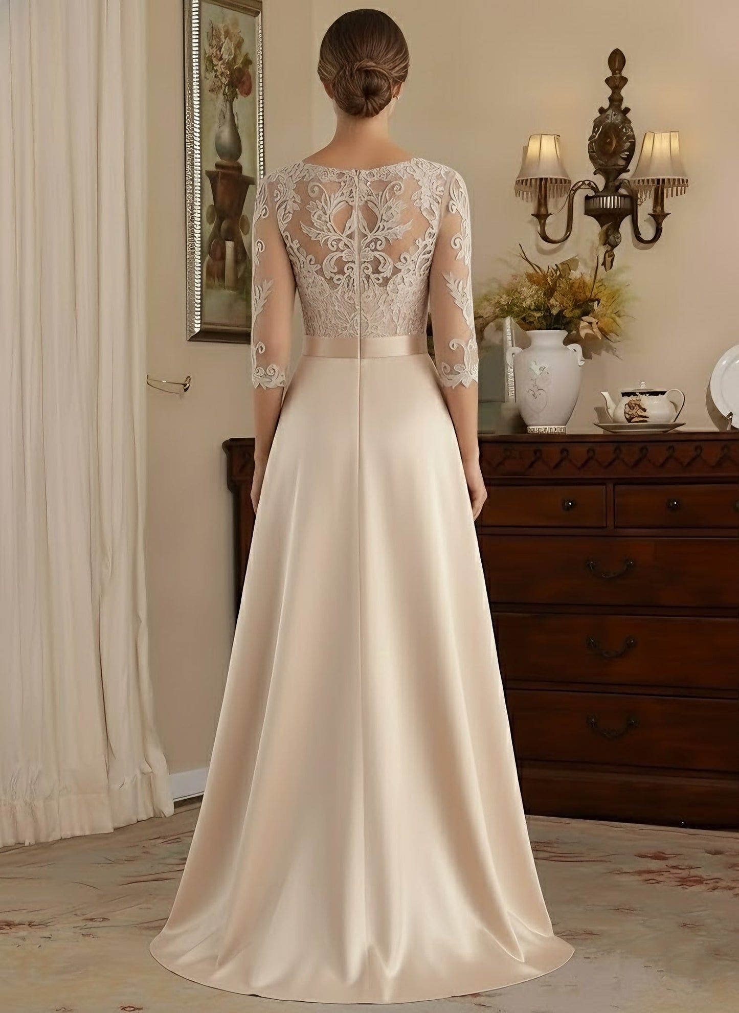 Scoop Satin Mother of the Bride Dresses 3/4 Sleeves Asymmetrical Floor-Length Illusion Lace Belt