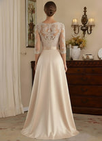 Scoop Satin Mother of the Bride Dresses 3/4 Sleeves Asymmetrical Floor-Length Illusion Lace Belt