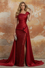Off-the-Shoulder Satin Mother of the Bride Dresses with Split Side Sequins Sleeveless Floor-Length Ruched