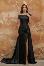 Off-the-Shoulder Satin Mother of the Bride Dresses with Split Side Sequins Sleeveless Floor-Length Ruched