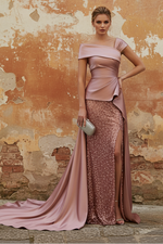 Off-the-Shoulder Satin Mother of the Bride Dresses with Split Side Sequins Sleeveless Floor-Length Ruched