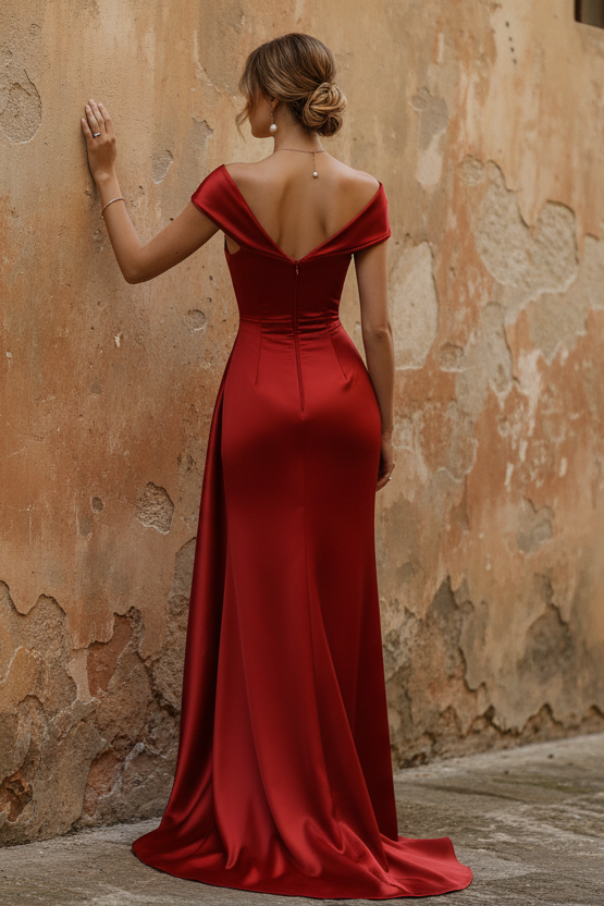 Off-the-Shoulder Satin Mother of the Bride Dresses with Split Side Sequins Sleeveless Floor-Length Ruched