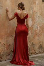 Off-the-Shoulder Satin Mother of the Bride Dresses with Split Side Sequins Sleeveless Floor-Length Ruched