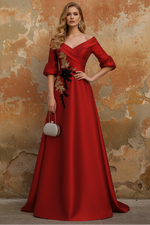 Off-the-Shoulder Satin Mother of the Bride Dresses Half Sleeves Floor-Length Appliques