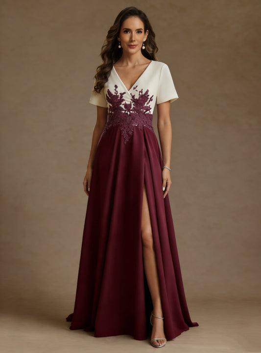 A-Line/Princess V-Neck Stretch Satin Mother of the Bride Dresses with Split Side Lace Floor-Length Short Sleeves