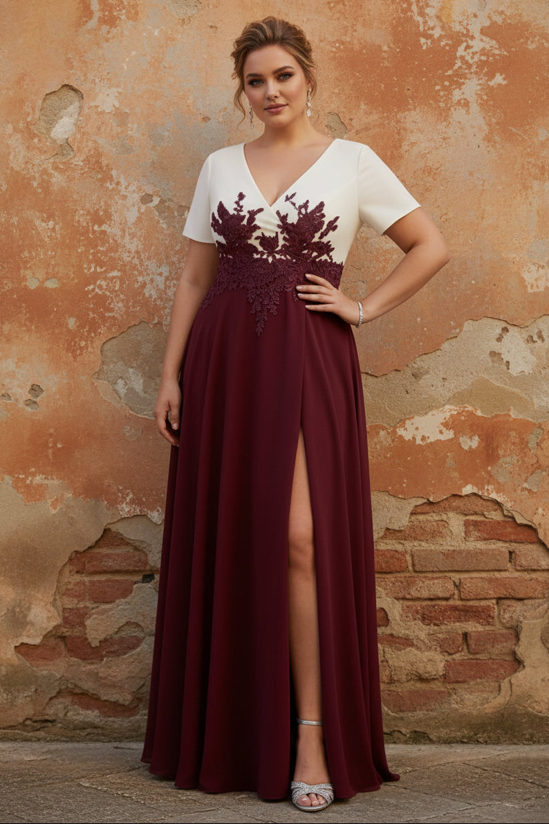 V-Neck Stretch Satin Plus Size Mother of the Bride Dresses with Split Side Lace Floor-Length Short Sleeves