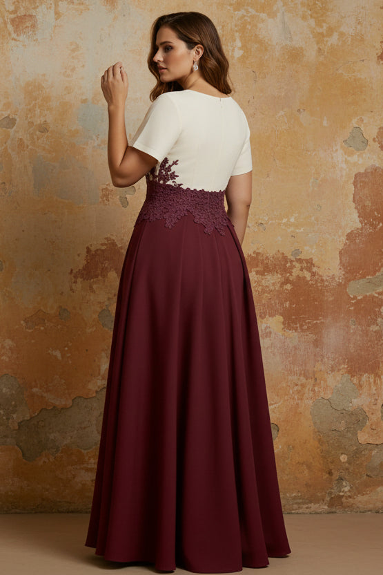 V-Neck Stretch Satin Plus Size Mother of the Bride Dresses with Split Side Lace Floor-Length Short Sleeves