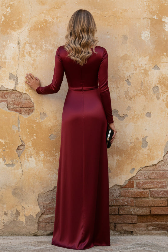 Asymmetrical Neck Satin Mother of the Bride Dresses Rhinestone Long Sleeves Floor-Length Ruched