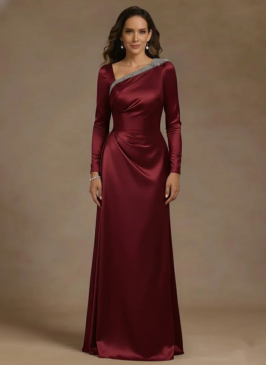 Sheath/Column Asymmetrical Neck Satin Mother of the Bride Dresses Rhinestone Long Sleeves Floor-Length Ruched