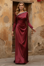 Asymmetrical Neck Satin Mother of the Bride Dresses Rhinestone Long Sleeves Floor-Length Ruched