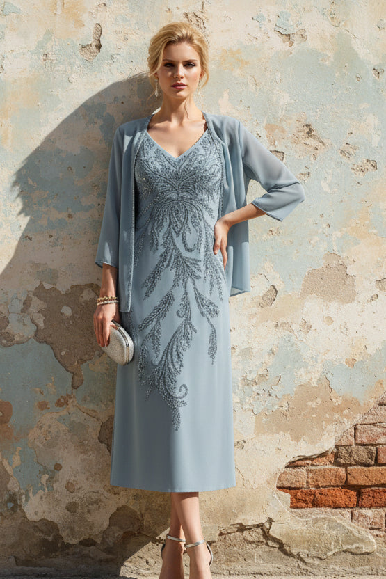 2 Pieces Sheath/Column V-Neck Chiffon Mother of the Bride Dresses with Jacket Sequins Tea-Length Long Sleeves