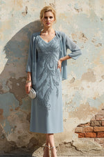 2 Pieces Sheath/Column V-Neck Chiffon Mother of the Bride Dresses with Jacket Sequins Tea-Length Long Sleeves