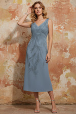 2 Pieces Sheath/Column V-Neck Chiffon Mother of the Bride Dresses with Jacket Sequins Tea-Length Long Sleeves