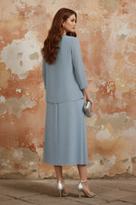 2 Pieces Sheath/Column V-Neck Chiffon Mother of the Bride Dresses with Jacket Sequins Tea-Length Long Sleeves