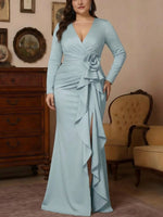 V-Neck Stretch Satin Plus Size Mother of the Bride Dresses with Split Side Floor-Length Long Sleeves Sash 3D Flower Ruched
