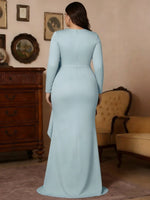 V-Neck Stretch Satin Plus Size Mother of the Bride Dresses with Split Side Floor-Length Long Sleeves Sash 3D Flower Ruched