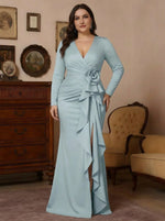 V-Neck Stretch Satin Plus Size Mother of the Bride Dresses with Split Side Floor-Length Long Sleeves Sash 3D Flower Ruched