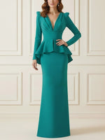 Sheath/Column V-Neck Stretch Satin Mother of the Bride Dresses Floor-Length Long Sleeves Ruffles