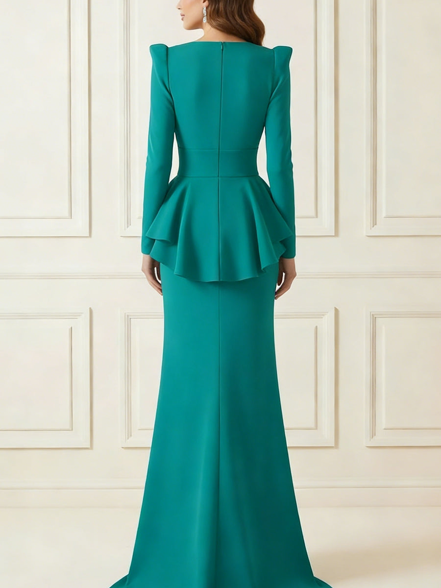 Sheath/Column V-Neck Stretch Satin Mother of the Bride Dresses Floor-Length Long Sleeves Ruffles