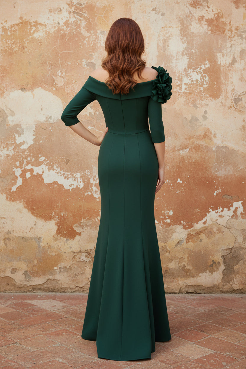 Asymmetrical Neck Stretch Satin Mother of the Bride Dresses Floor-Length Half Sleeves 3D Flower
