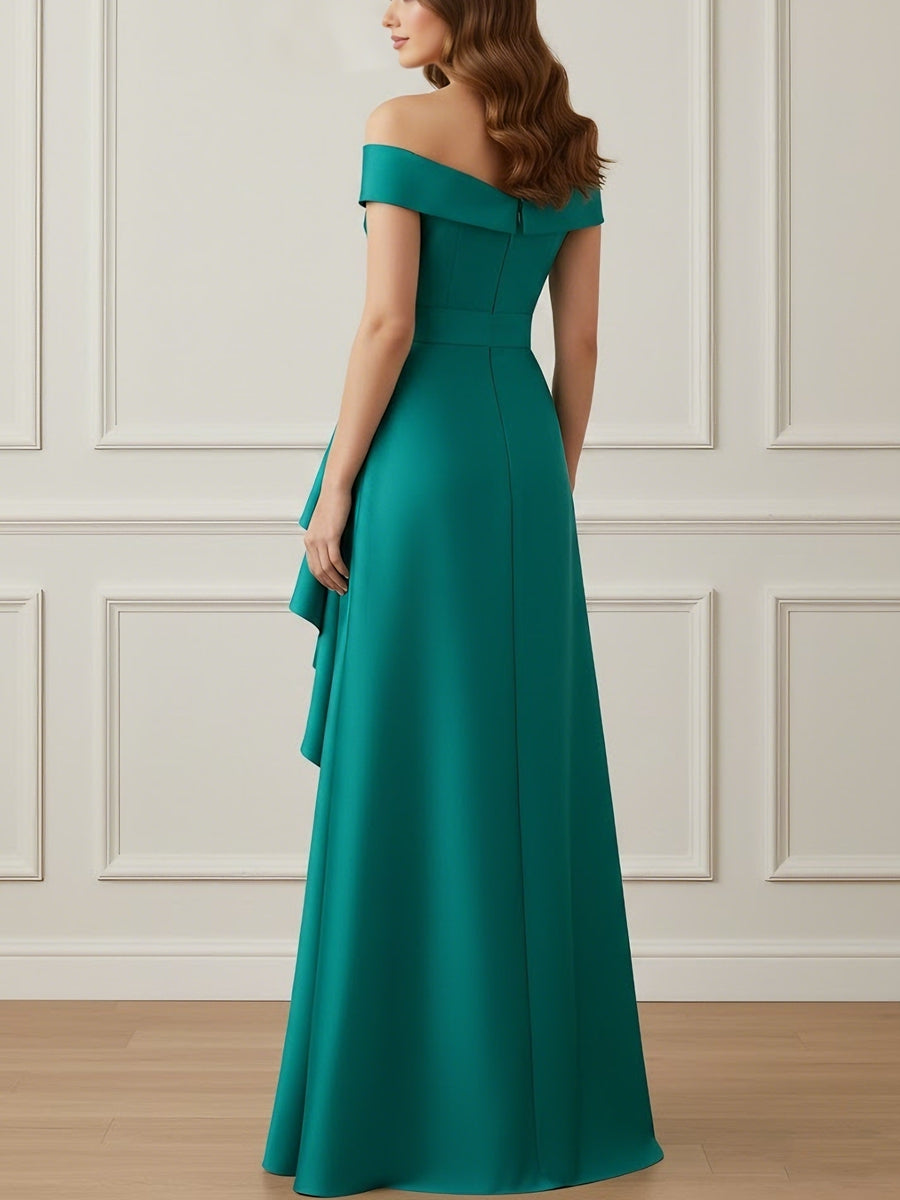 Off-the-Shoulder Satin Mother of the Bride Dresses with Split Side Floor-Length Sleeveless Sash Ruffles