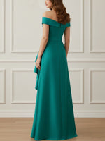 Off-the-Shoulder Satin Mother of the Bride Dresses with Split Side Floor-Length Sleeveless Sash Ruffles
