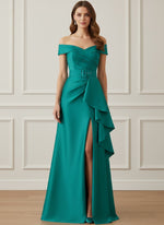Off-the-Shoulder Satin Mother of the Bride Dresses with Split Side Floor-Length Sleeveless Sash Ruffles