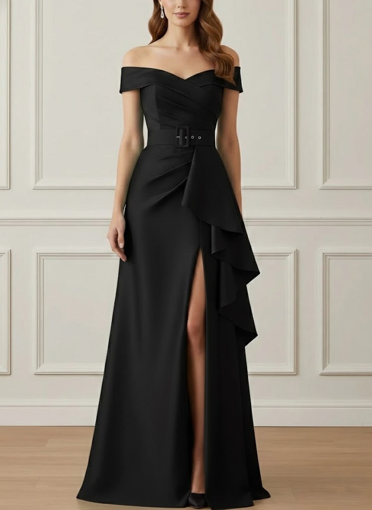 Off-the-Shoulder Satin Mother of the Bride Dresses with Split Side Floor-Length Sleeveless Sash Ruffles