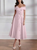 Off-the-shoulder Stretch Satin Mother of the Bride Dresses with 3D Flower Tea-Length Sleeveless